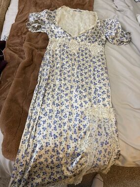 Urban Outfitters Cream Dress with Blue Floral Print and Lace Trim